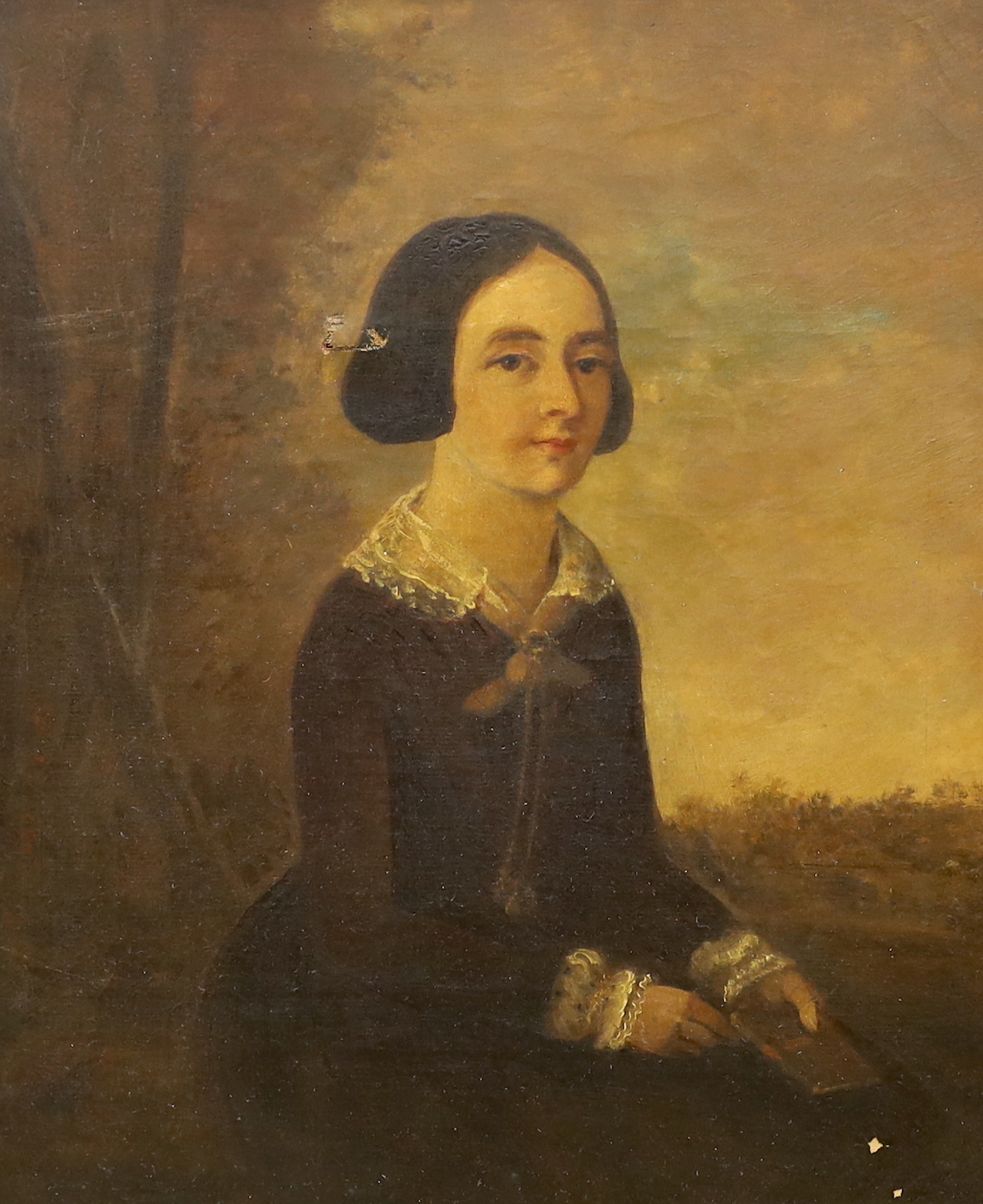 Victorian School, oil on canvas, Portrait of a seated girl and landscape background, 34 x 28cm, ornate gilt frame